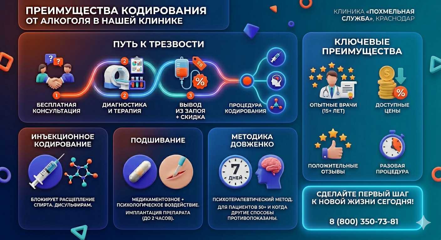 Инфографика о методах кодирования от алкоголя в Серафимовском: инъекции, подшивание, метод Довженко. Преимущества клиники и этапы лечения.