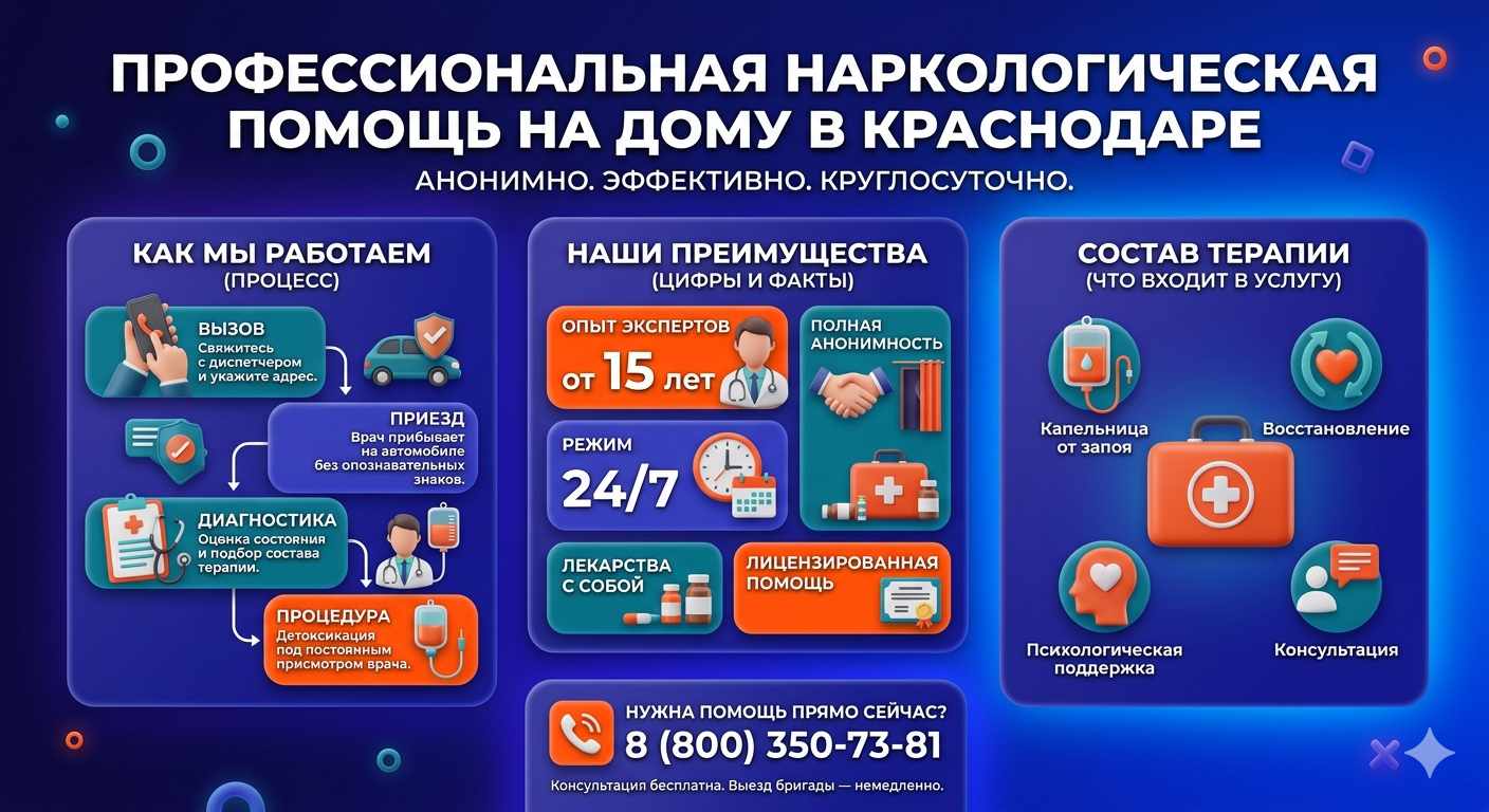 Инфографика о принципах лечения алкоголизма на дому в Серафимовском: этапы вызова нарколога, преимущества анонимной детоксикации и состав медицинской помощи.